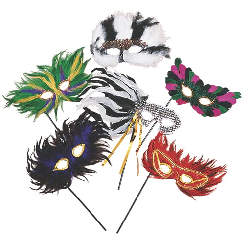 Feather Mask On Stick Assorted  - Pack Of 12