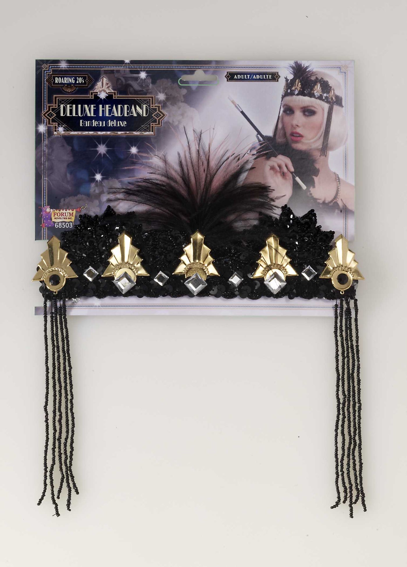 Crown Headband Black & Gold With Feathers - Adult